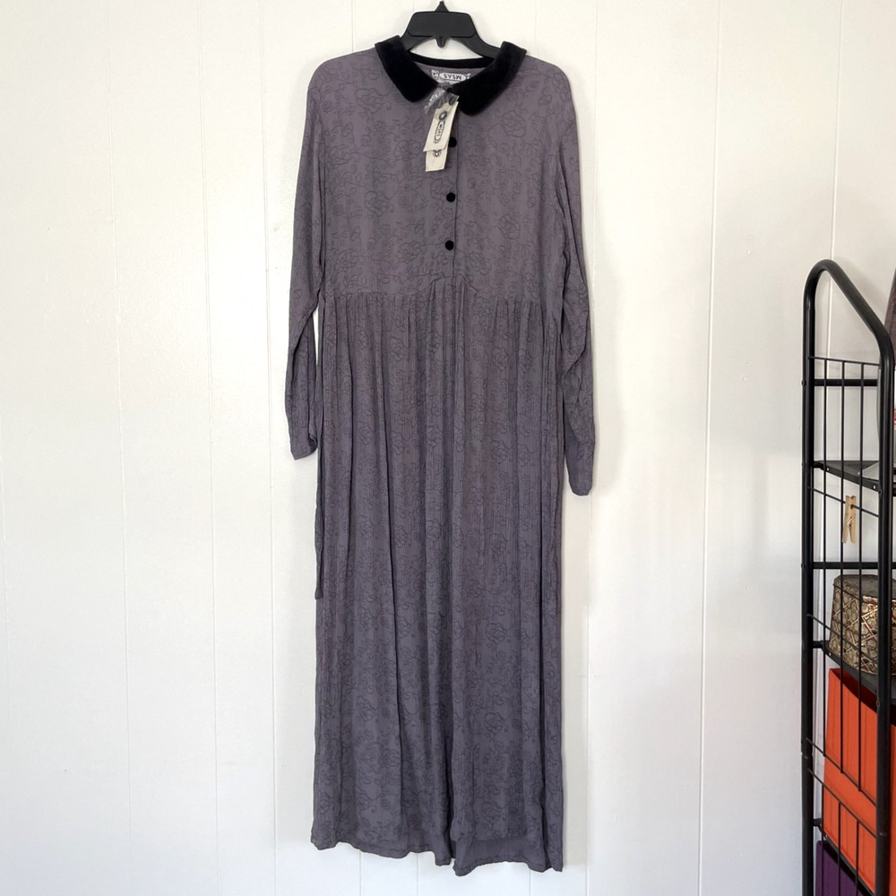 Purple Gray‎ Maxi Dress Velvet Collar Long Sleeve Cottagecore Prairie NWT M